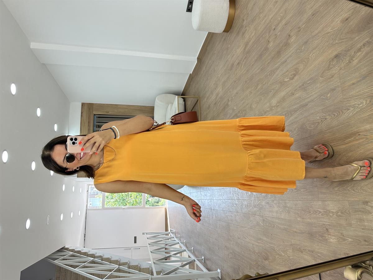 Etek Ucu Volanlı Maxi Elbise - Turuncu