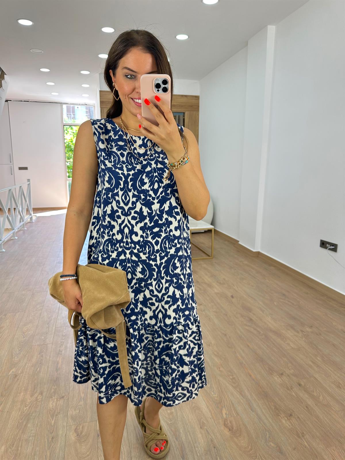 Etek ucu volanlı viskon elbise Lacivert