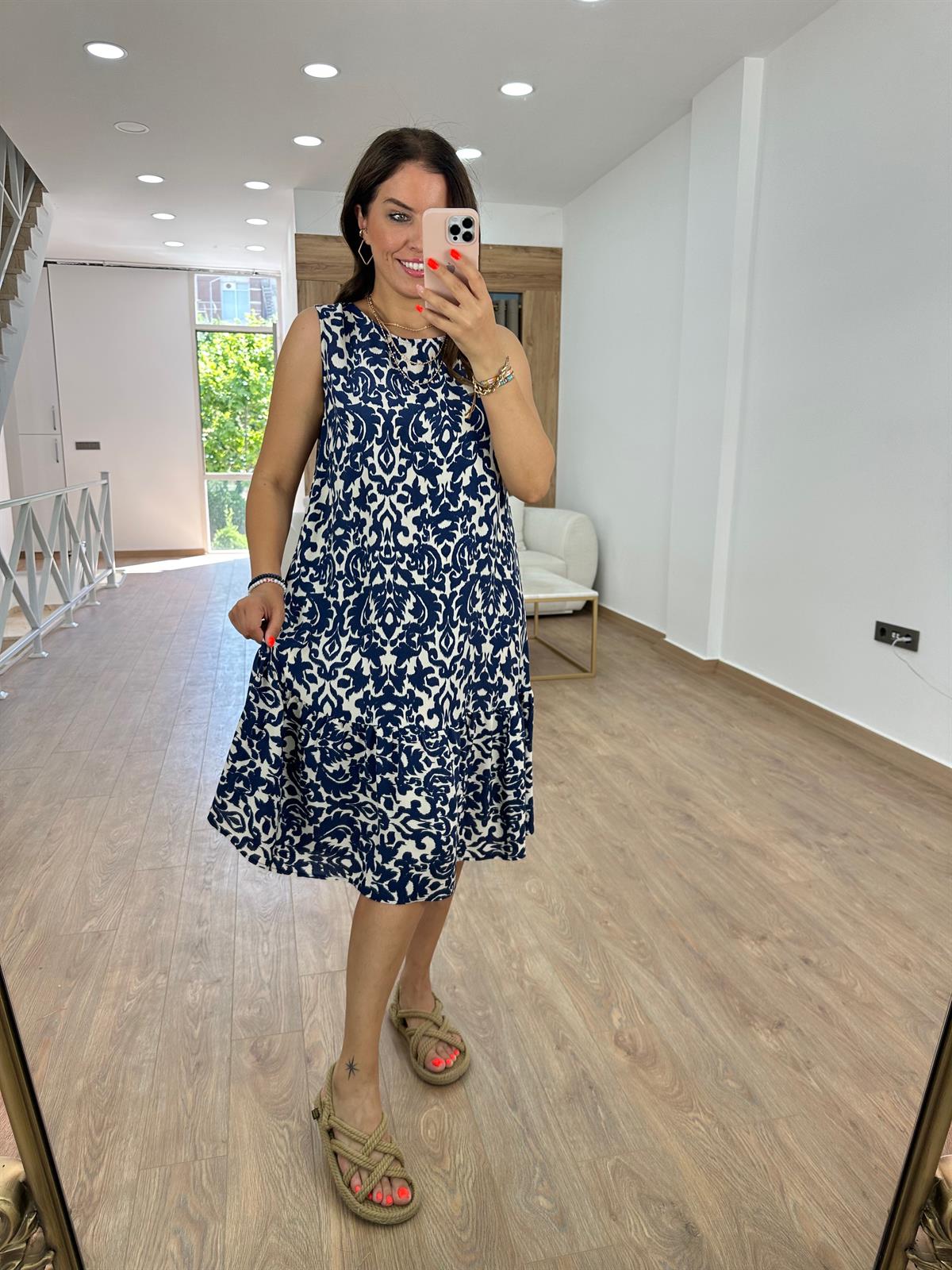 Etek ucu volanlı viskon elbise Lacivert