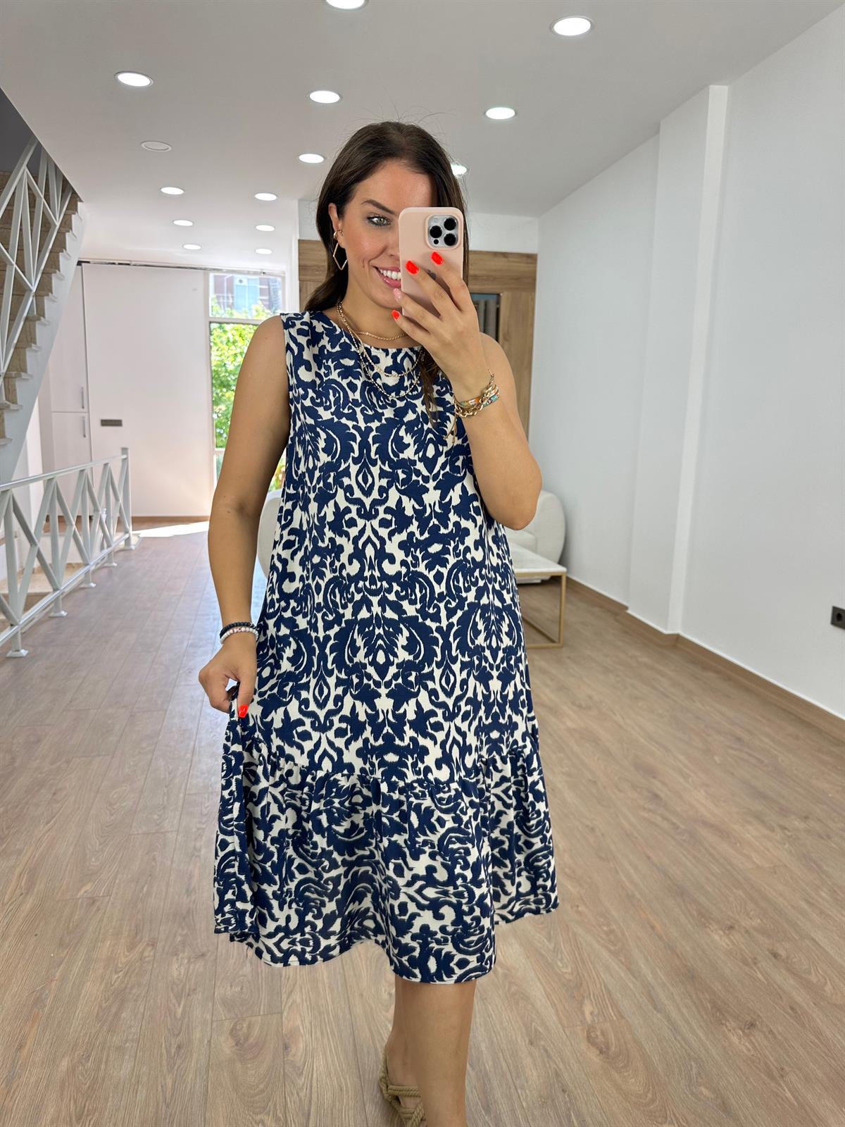 Etek ucu volanlı viskon elbise Lacivert