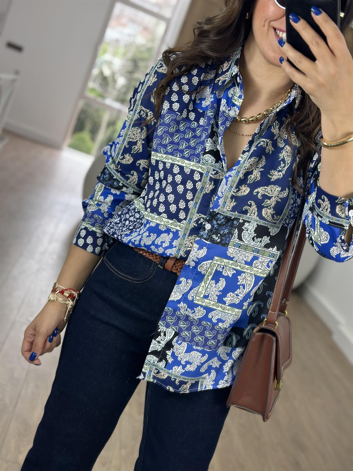 Etnik Desen Pamuk Saten Gömlek-Lacivert