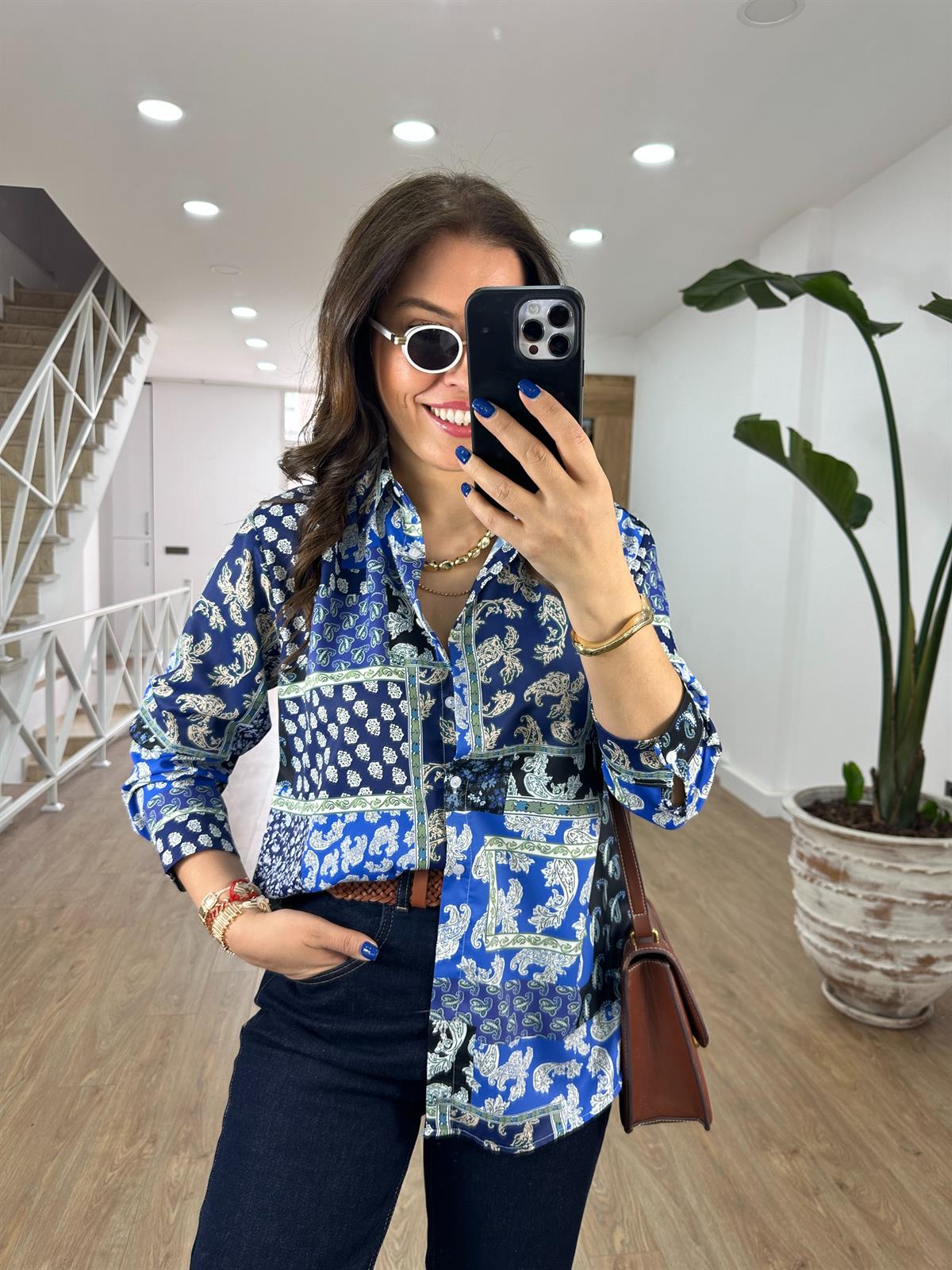 Etnik Desen Pamuk Saten Gömlek-Lacivert