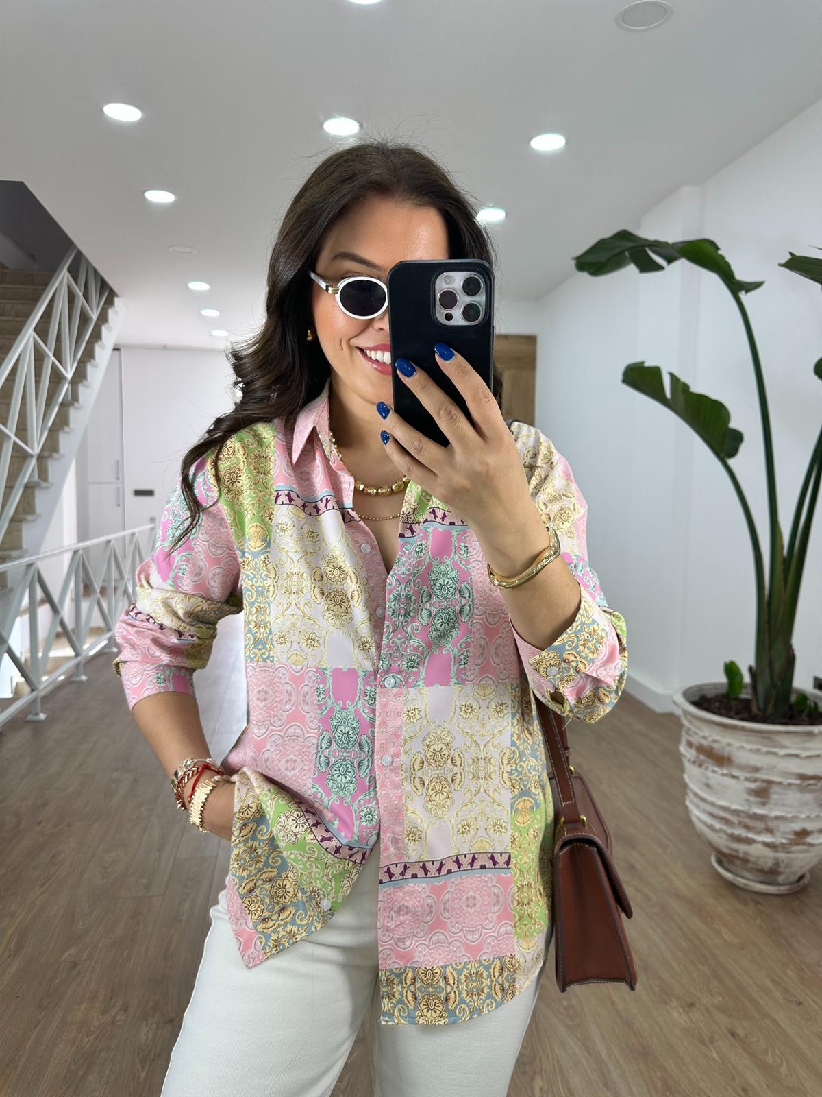 Etnik Desen Pamuk Saten Gömlek-Pembe