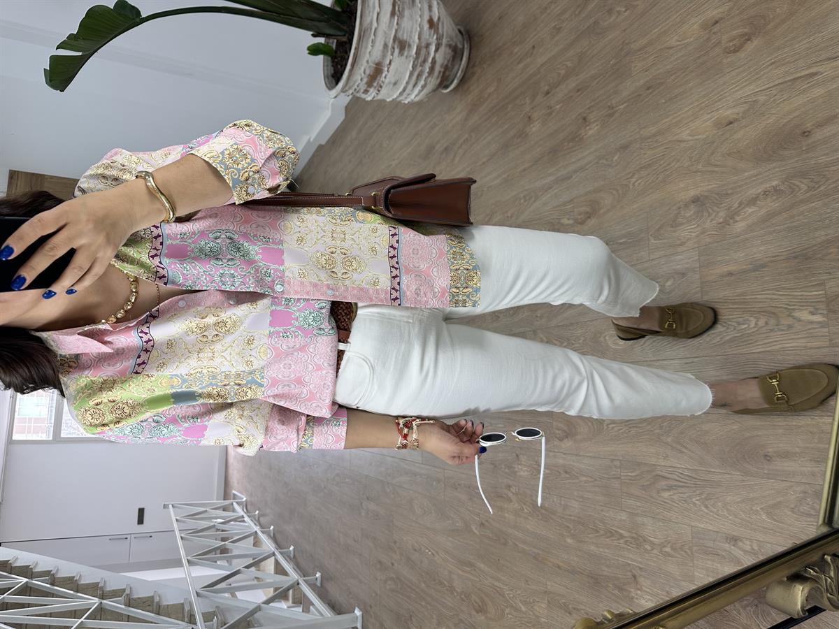 Etnik Desen Pamuk Saten Gömlek-Pembe