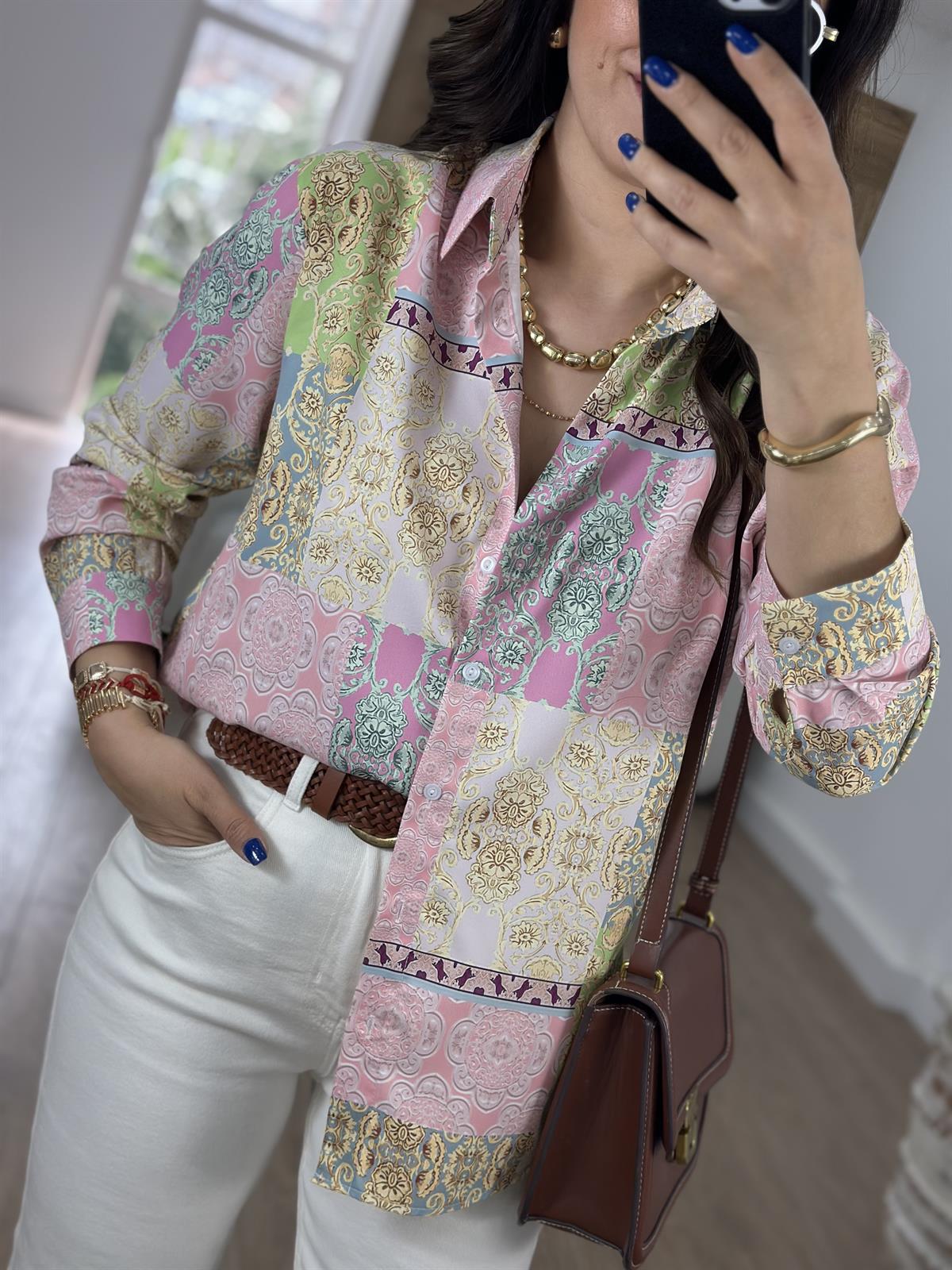 Etnik Desen Pamuk Saten Gömlek-Pembe