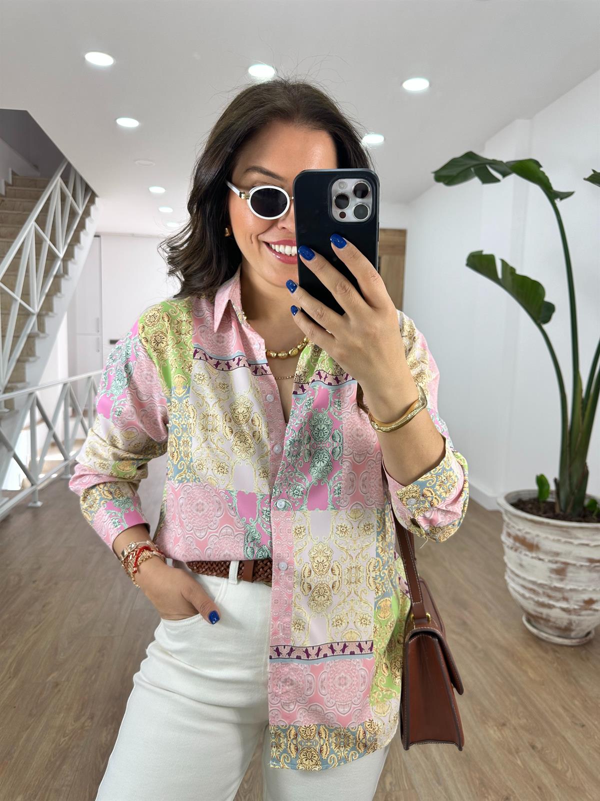 Etnik Desen Pamuk Saten Gömlek-Pembe