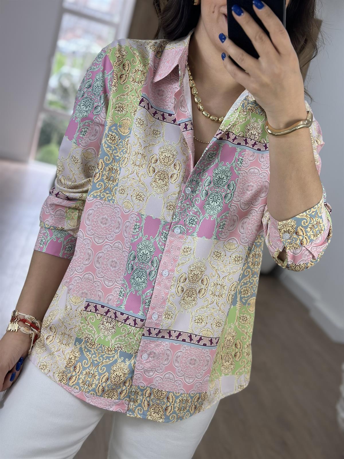 Etnik Desen Pamuk Saten Gömlek-Pembe