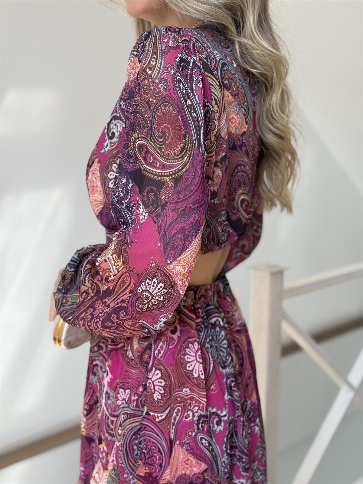 Etnik Desenli Bel Dekolteli Şifon Elbise 