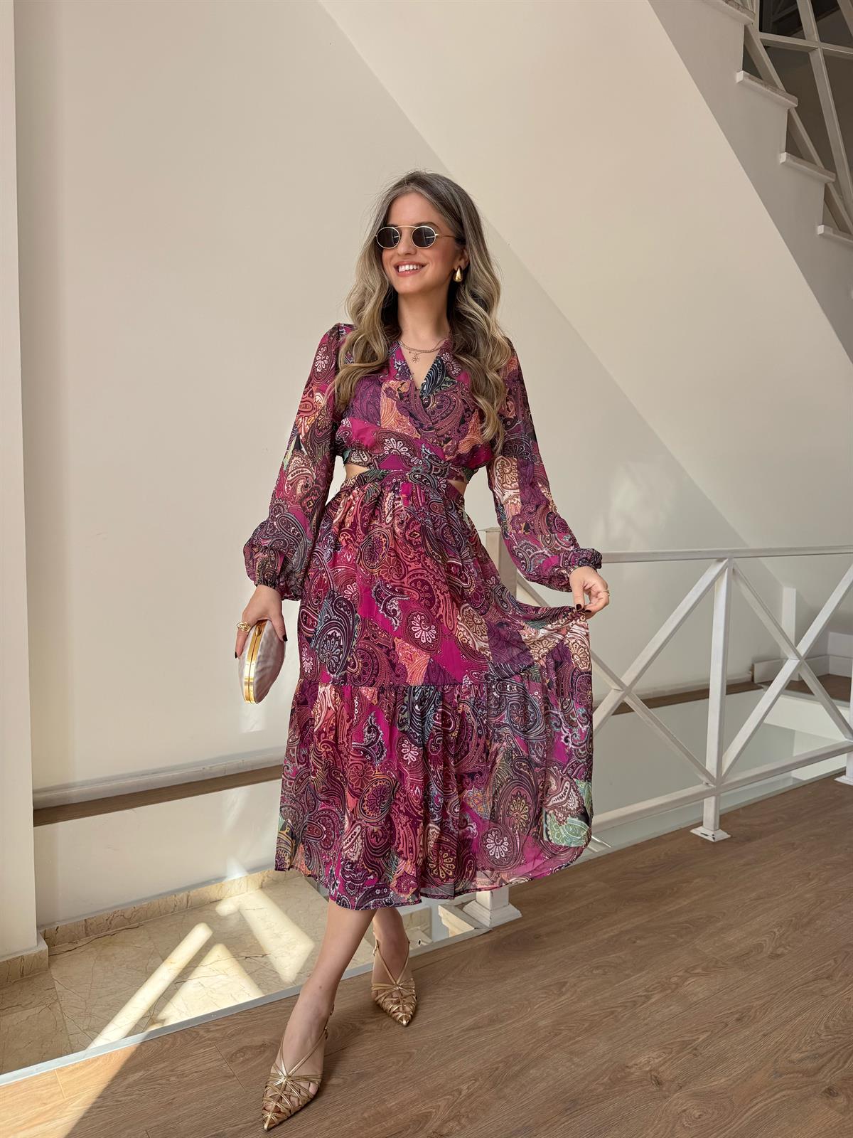 Etnik Desenli Bel Dekolteli Şifon Elbise 