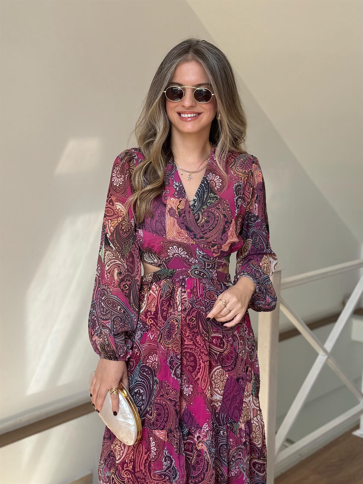 Etnik Desenli Bel Dekolteli Şifon Elbise 