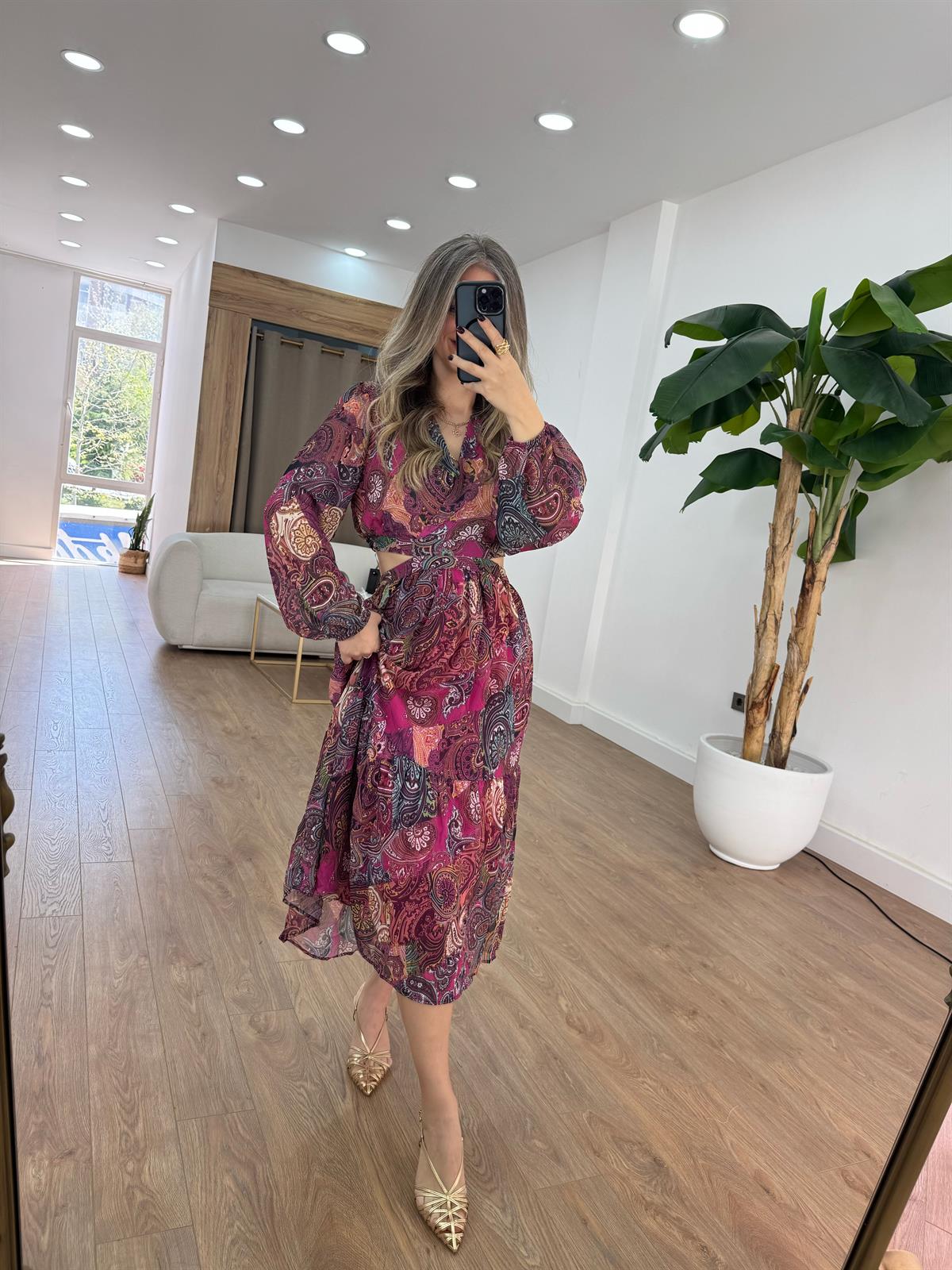 Etnik Desenli Bel Dekolteli Şifon Elbise 