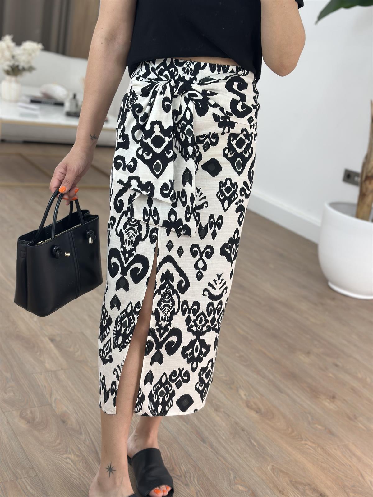 Etnik Desenli Keten Midi Etek 