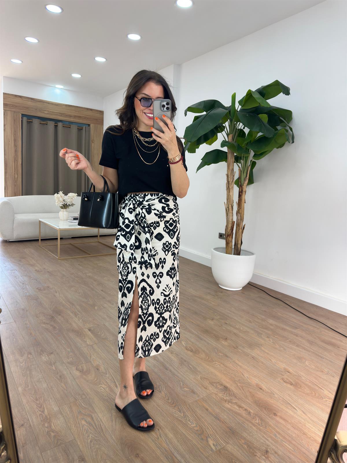 Etnik Desenli Keten Midi Etek 