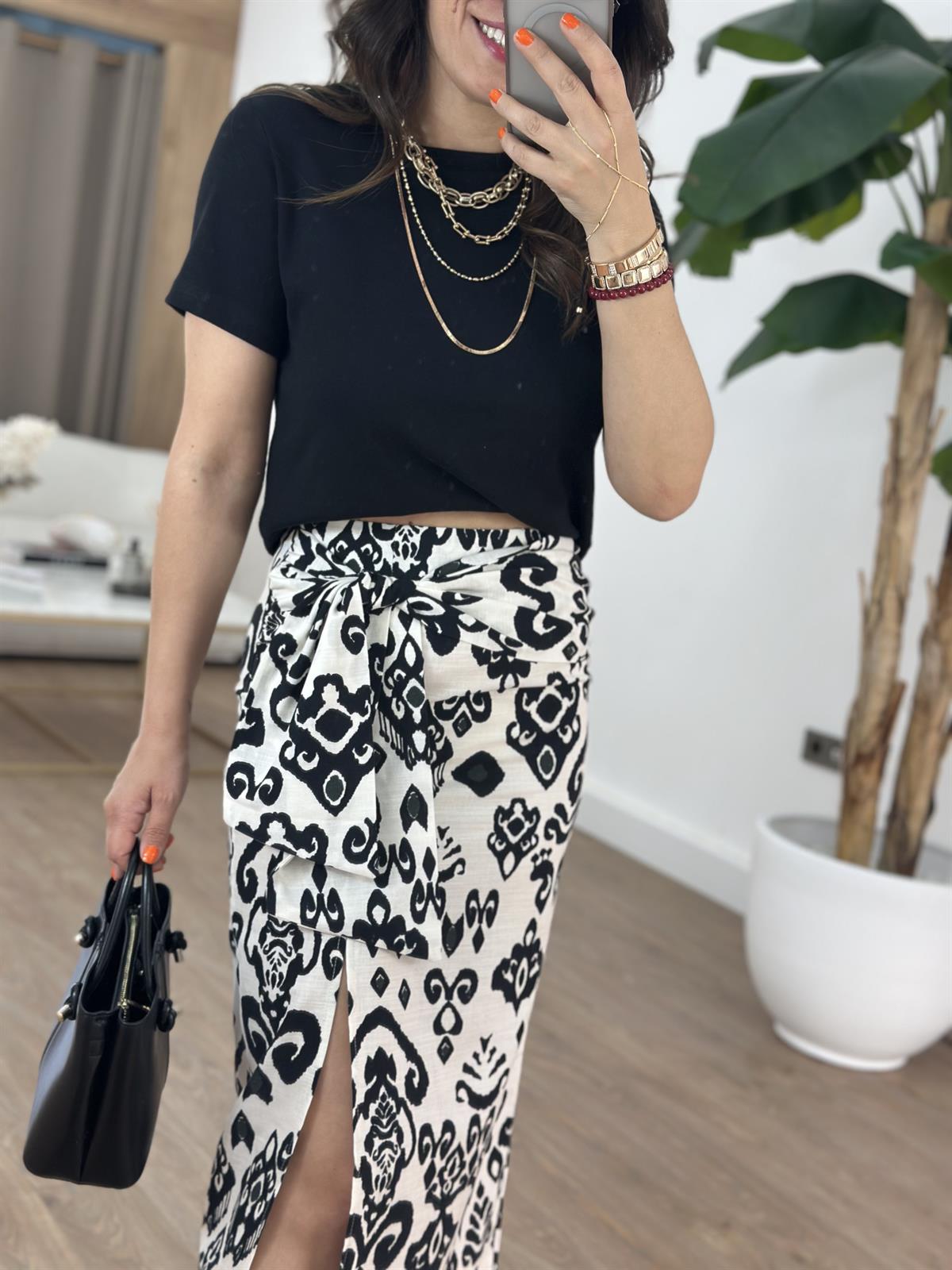 Etnik Desenli Keten Midi Etek 