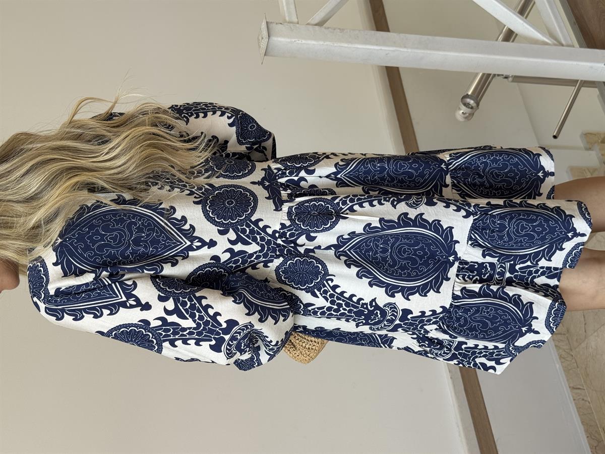 Etnik Desenli Mini Elbise - Lacivert