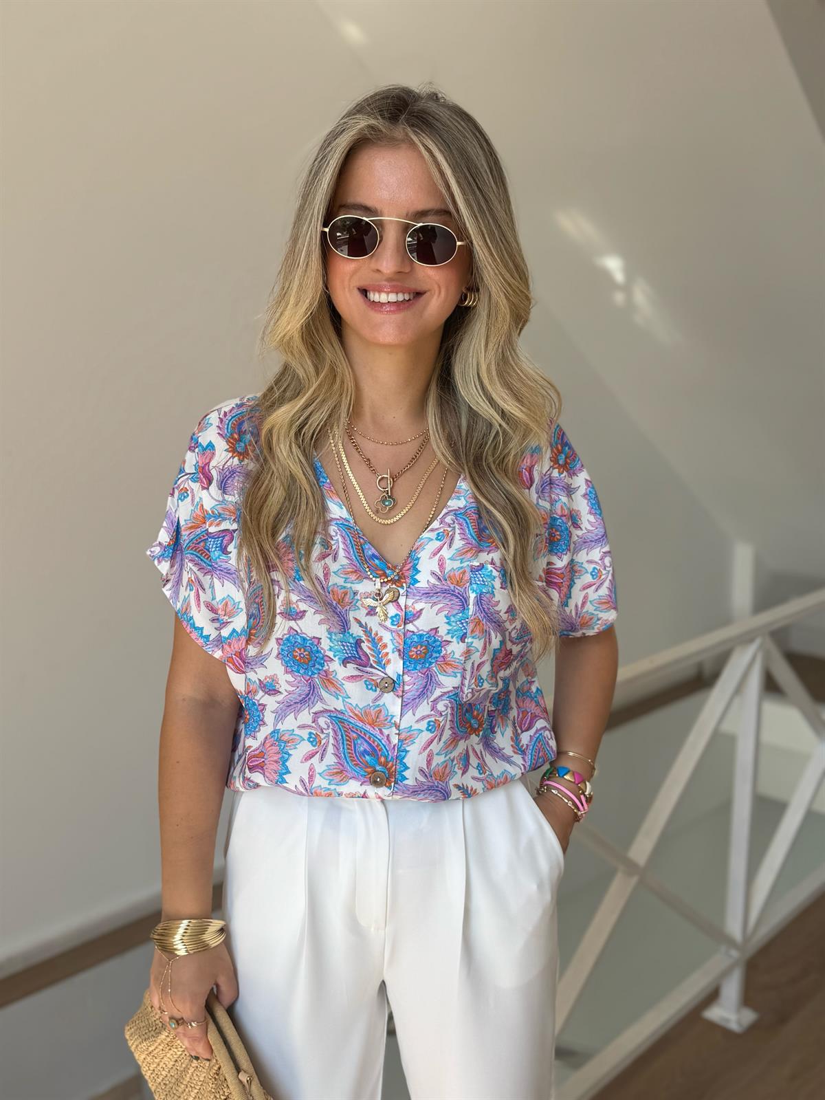 Etnik Desenli Renkli Viskon Bluz 