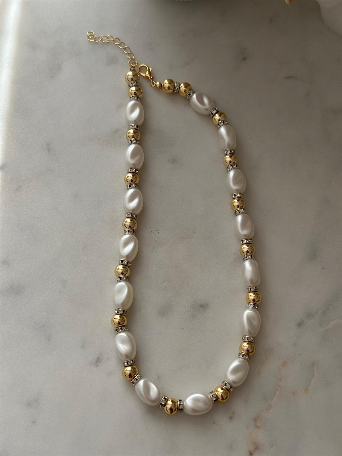 Ezme İnci Tasarım Gold Detay Taşlı Kolye