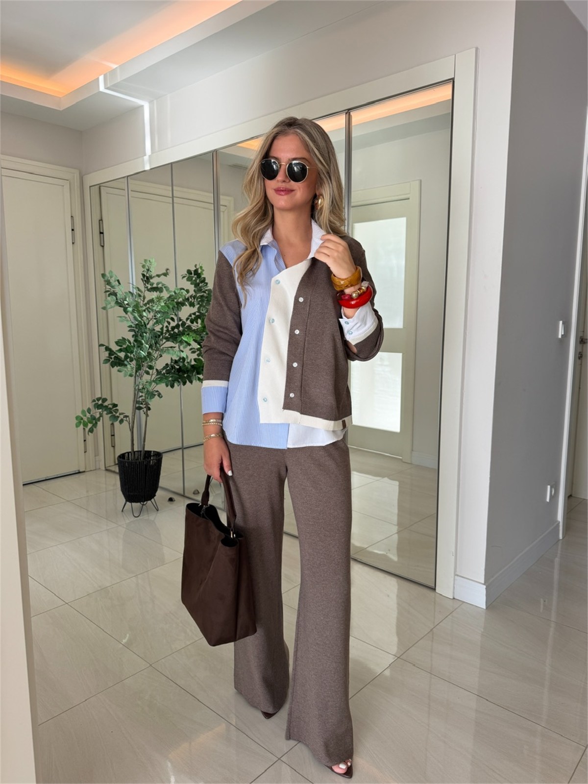 Orijinal Model Triko Garnili Tasarım Premium Gömlek - Vizon