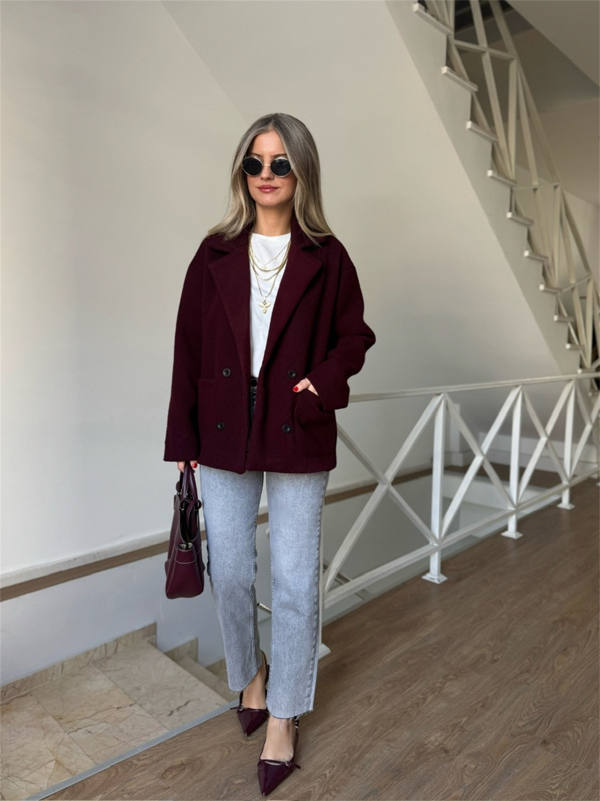 Kruvaze Yaka Triko Ceket - Bordo