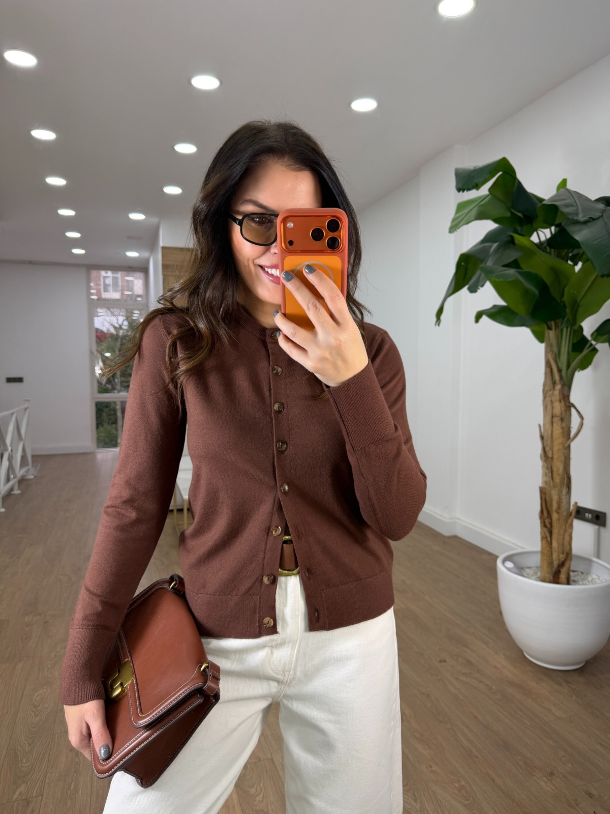 Bisiklet Yaka Düğmeli Triko Hırka - Kahverengi