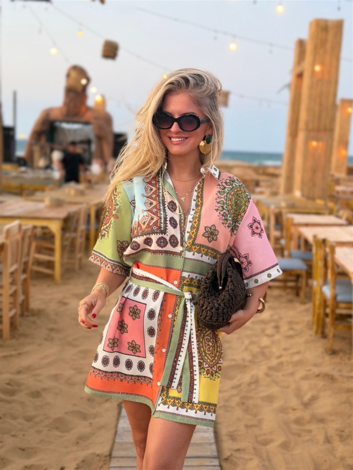 Patchwork Desen Kuşaklı Mini Elbise 