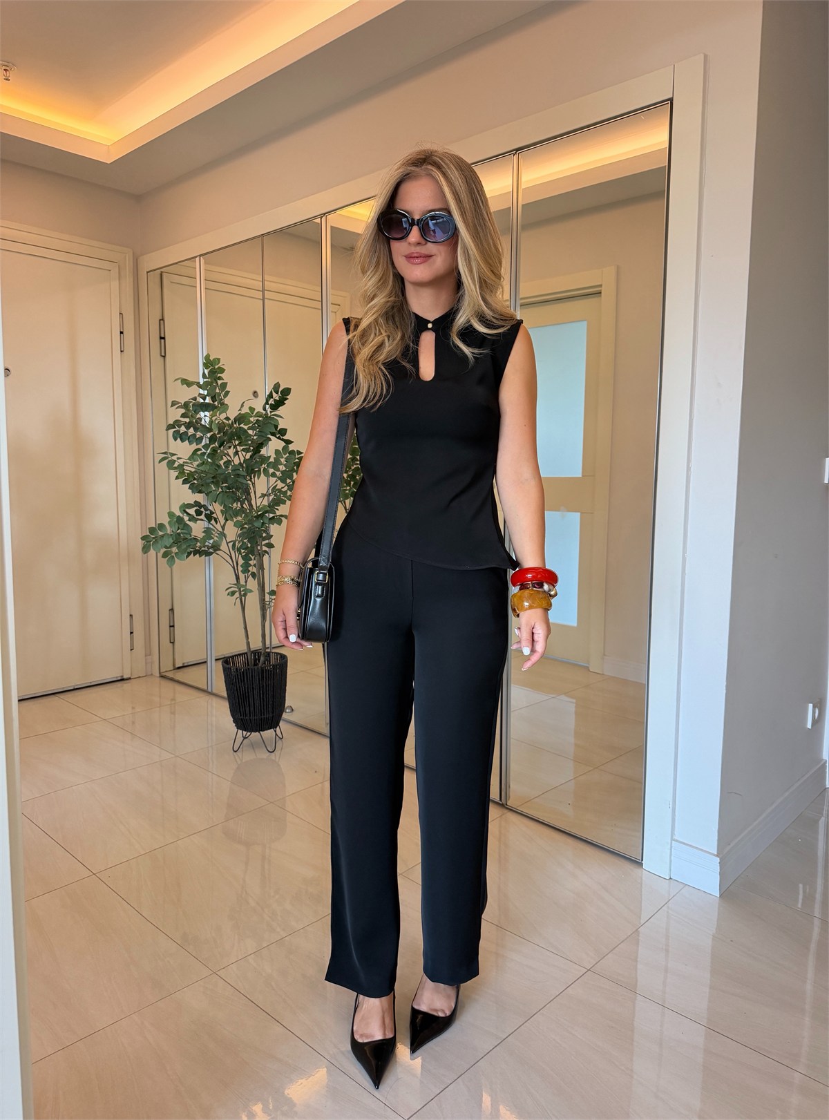Damla Detaylı Bluz Pantolon Takım - Siyah