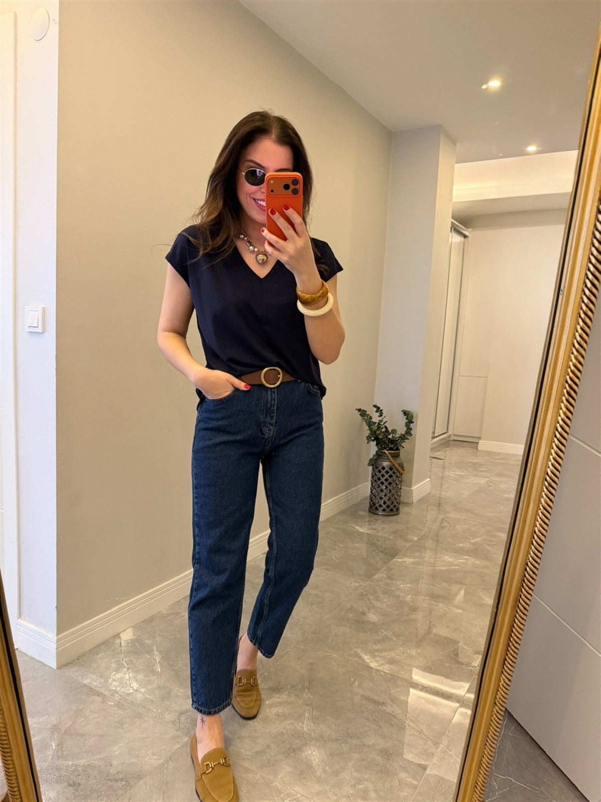 V Yaka Önü Dikişli Modal Tshirt - Lacivert