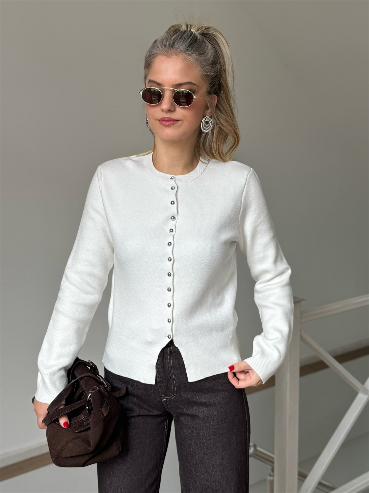 Bisiklet Yaka Düğmeli Triko Hırka - Ekru