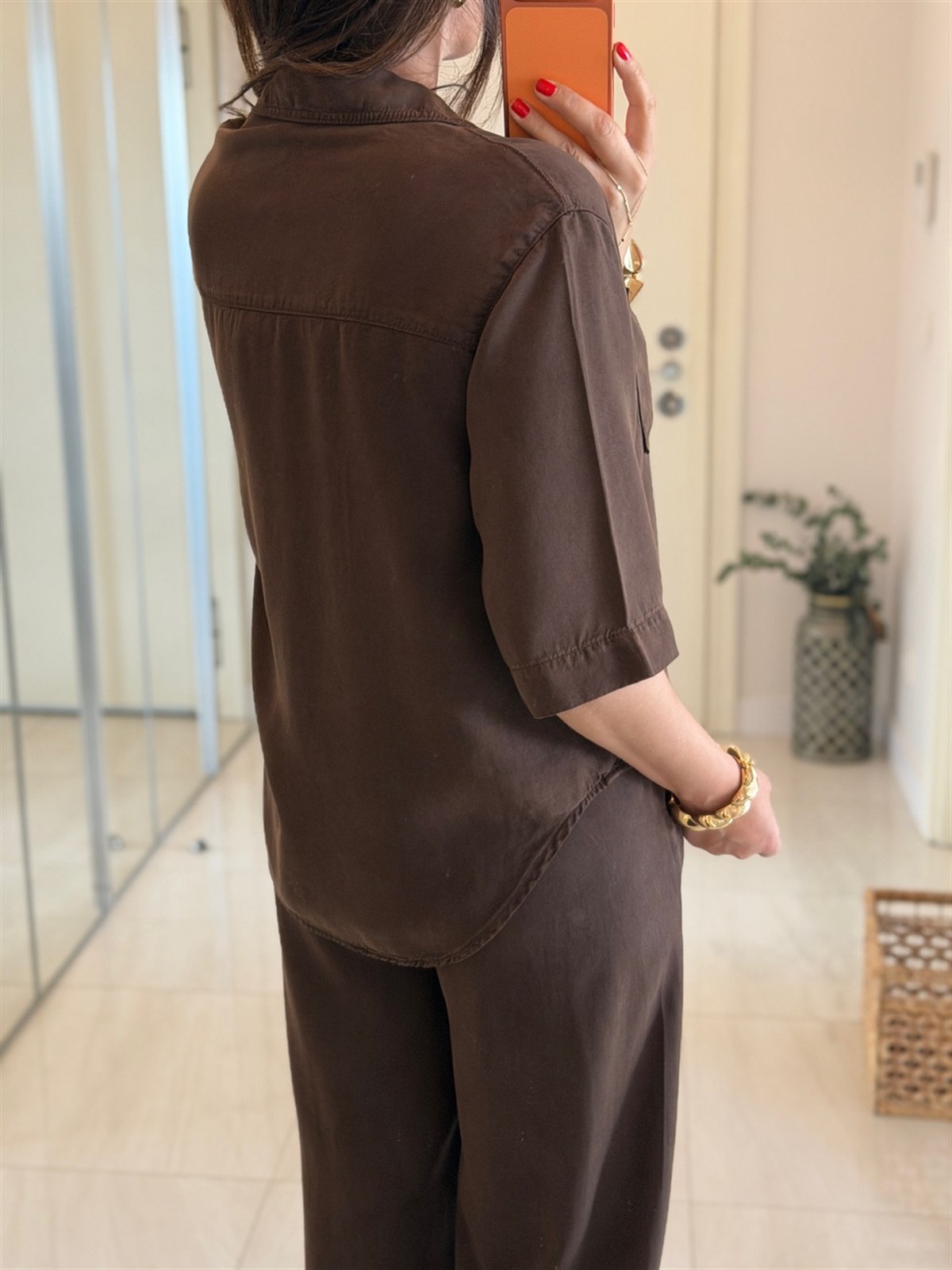 Yarım Kol Premium Tensel Denim Takım -  Kahve