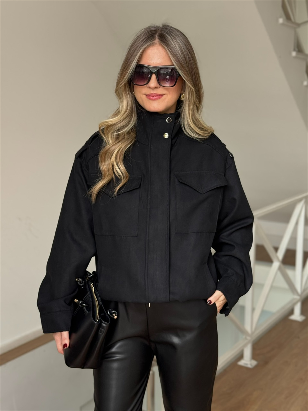 Beli Lastikli Cepli Bomber Süet Ceket - Siyah