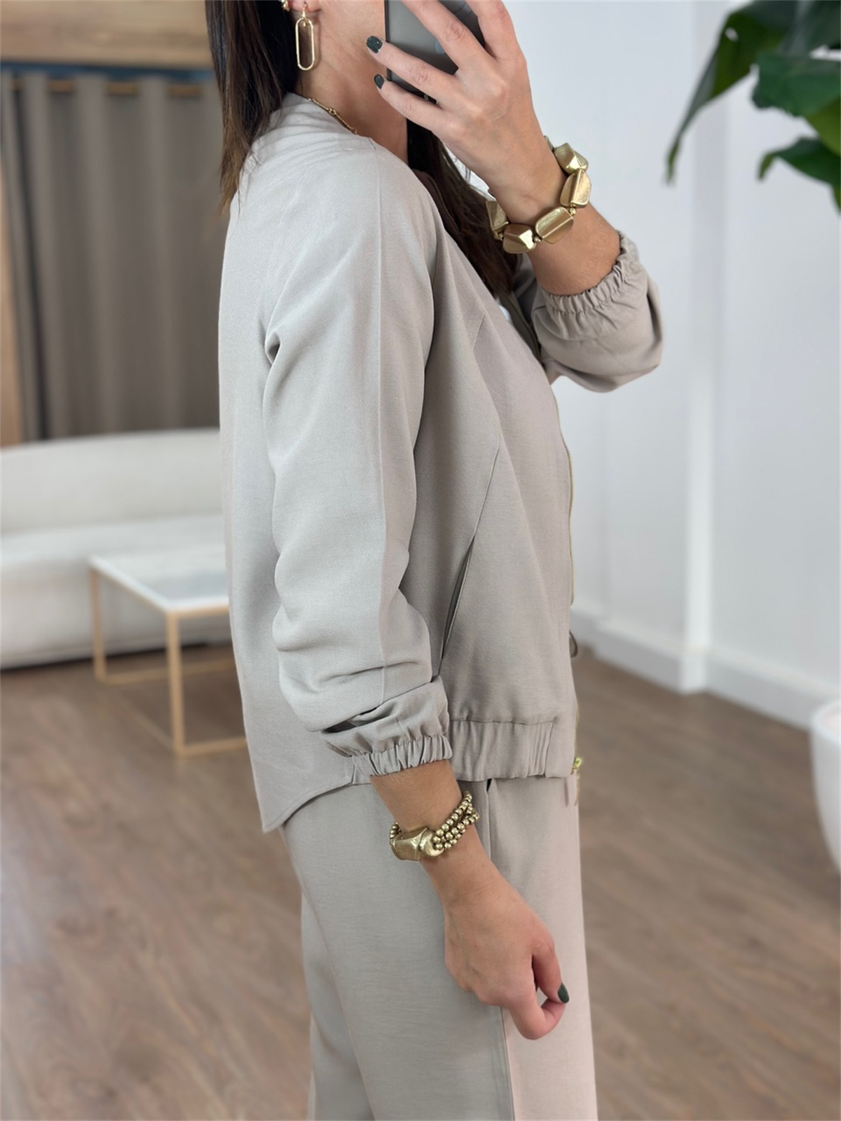 Fermuarlı Pantolon Ceket Takım - Taş