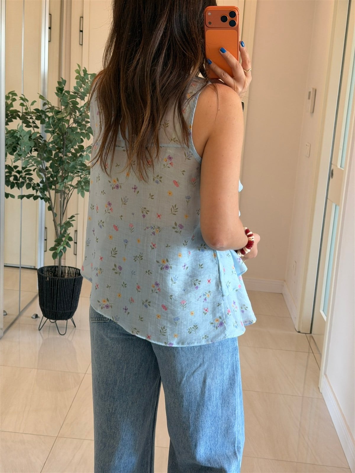 Çıtır Çiçek Desenli Fırfırlı Tensel Bluz  - Mavi