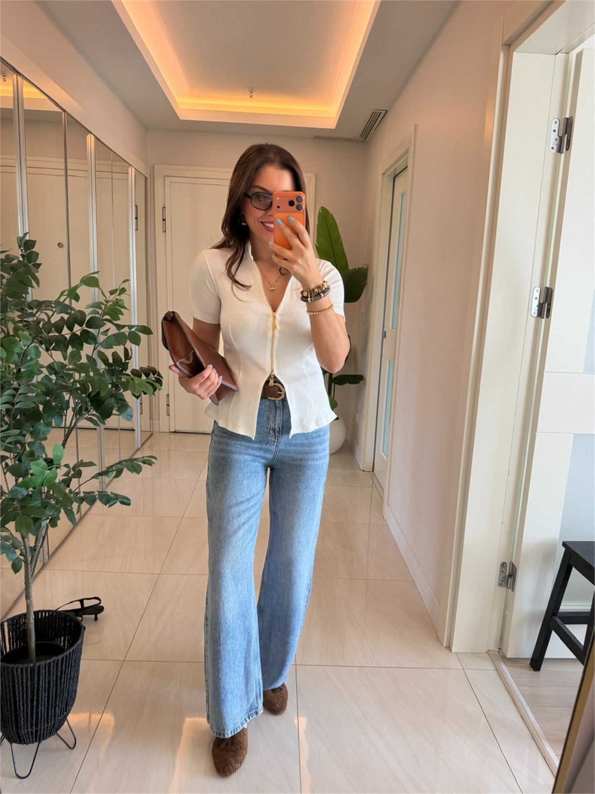 Çift Fermuarlı Likralı Fitilli Bluz - Ekru