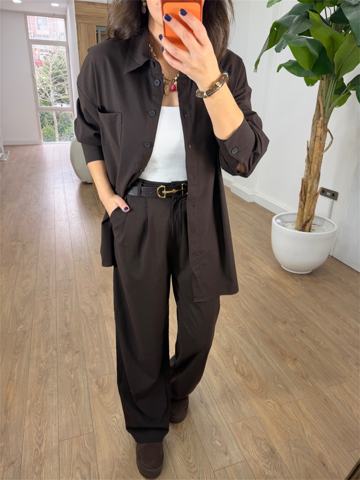 Cep Detaylı Gömlek Pantolon Takım - Kahverengi