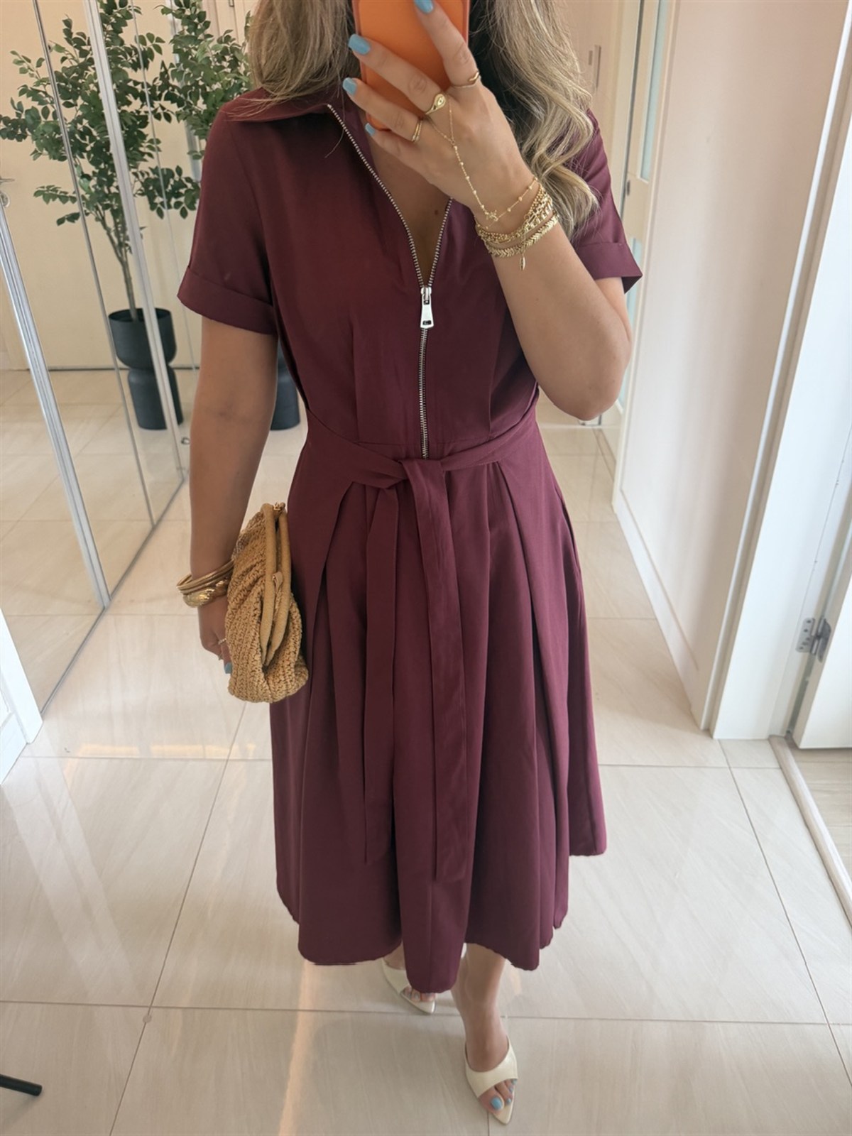 Önü Bağlama Detaylı Polo Yaka Cepli Poplin Elbise-Bordo