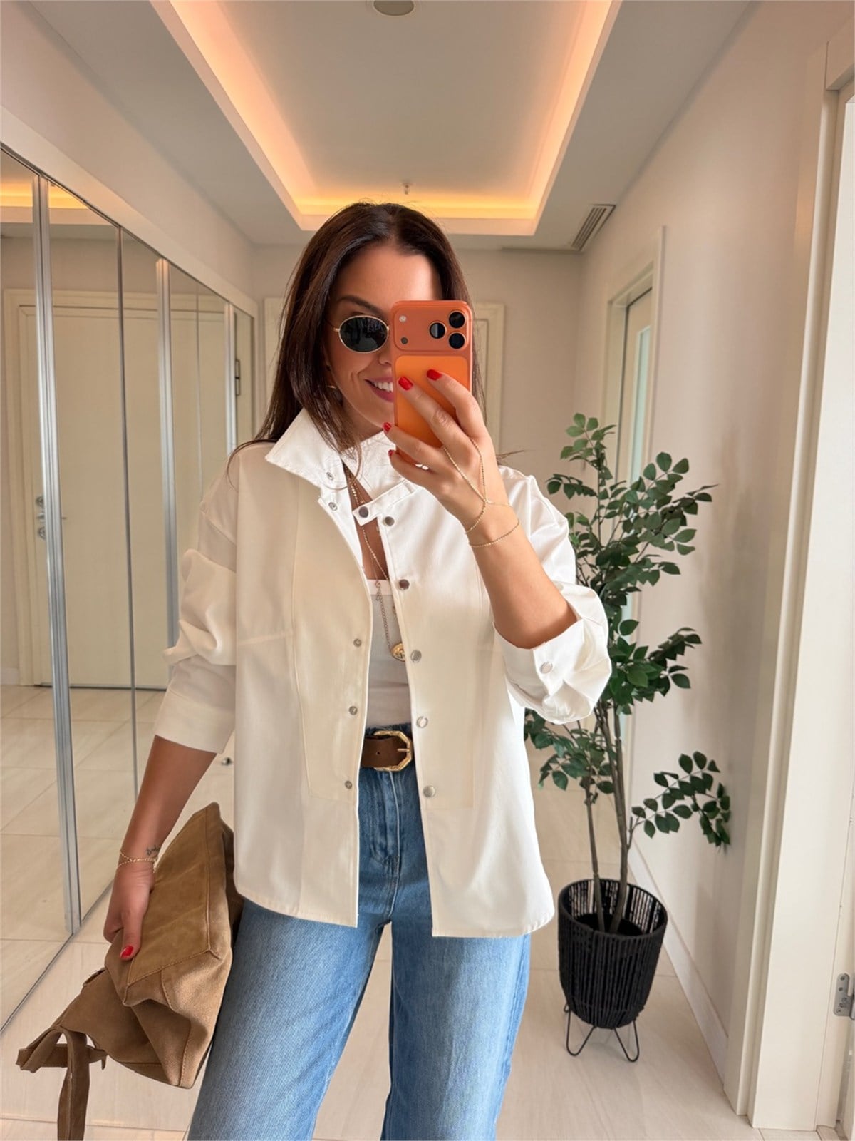 Dik Yaka Çıtçıtlı Gömlek Ceket-Ekru