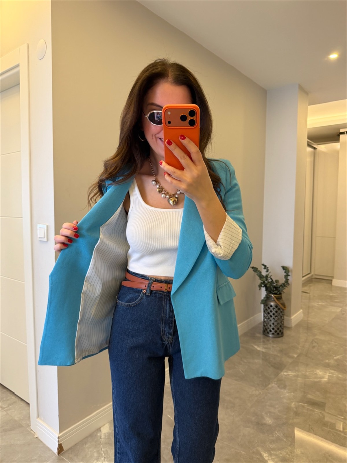 Astarı Çizgili Keten Ceket - Mavi