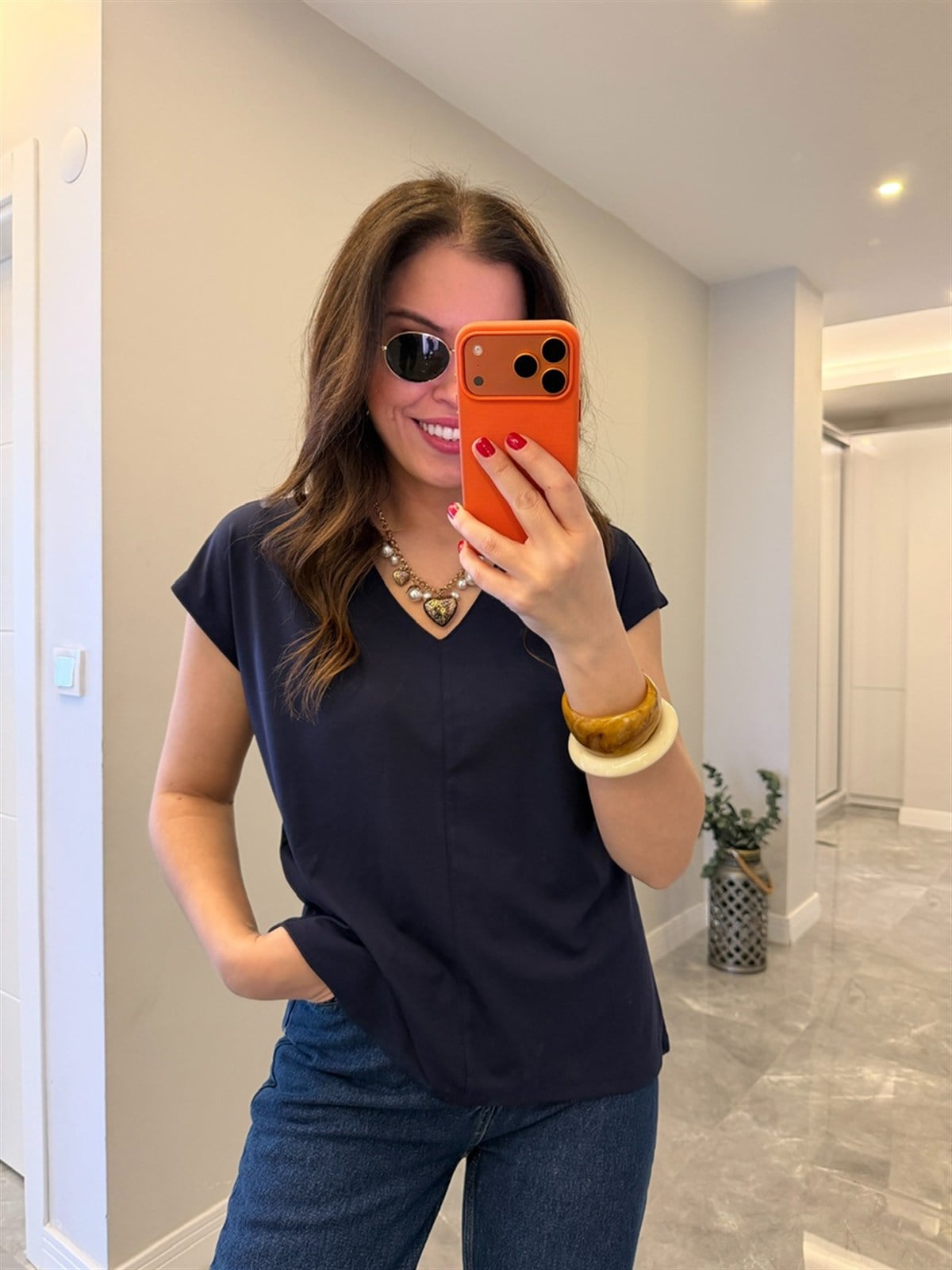 V Yaka Önü Dikişli Modal Tshirt - Lacivert