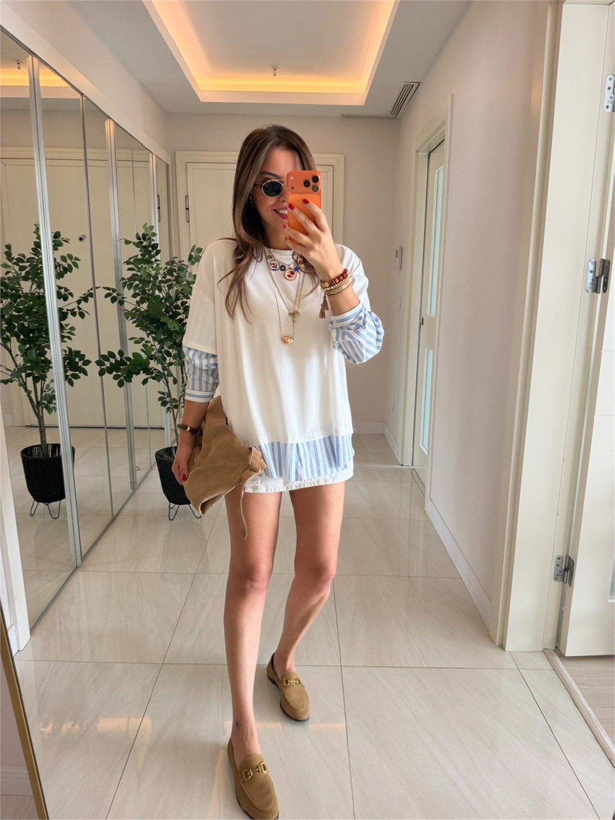 Çizgili Poplin Detaylı Sweatshirt-Beyaz