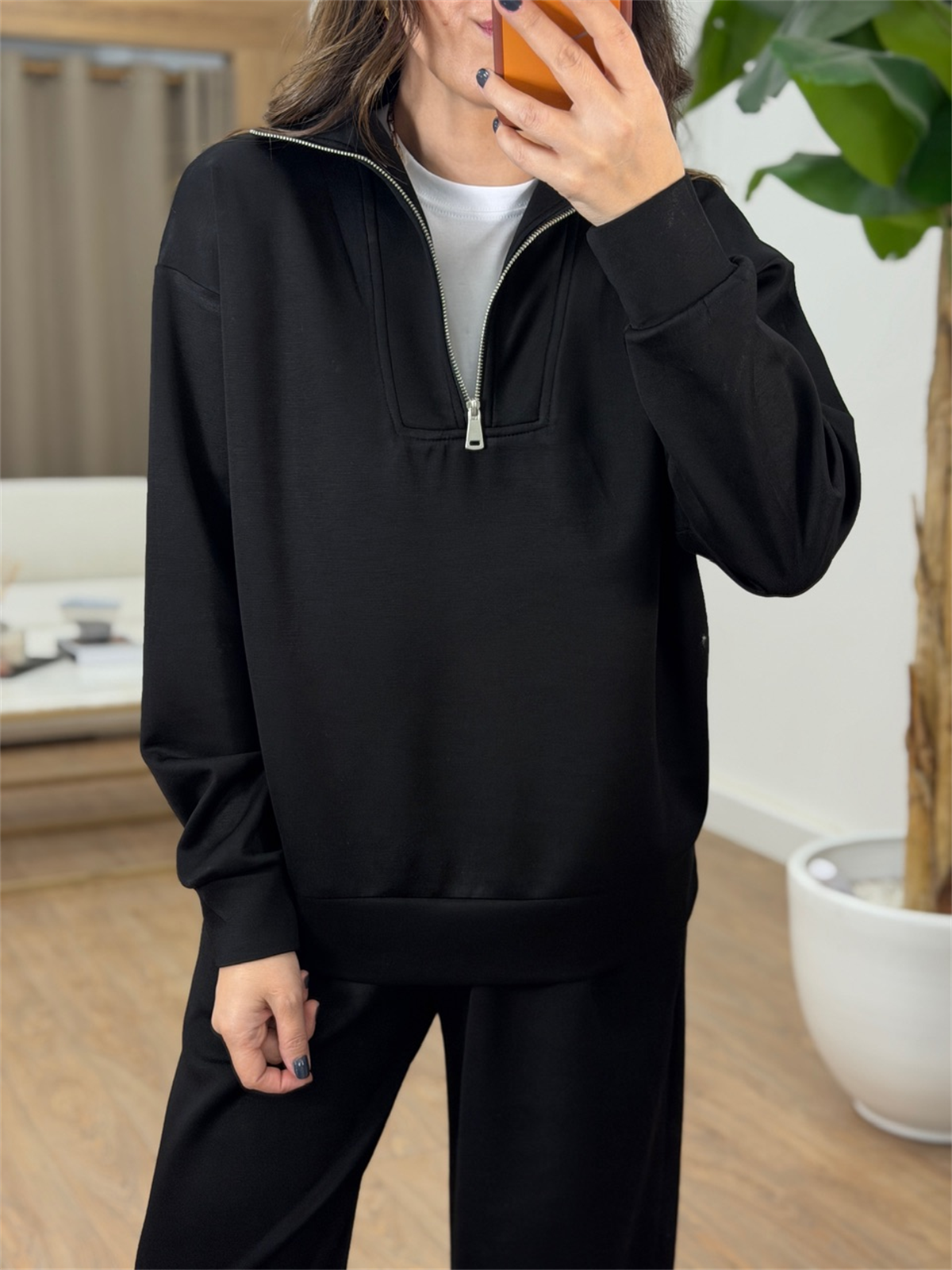 Fermuar Detaylı Sweatshirt Pantolon Modal Takım - Siyah