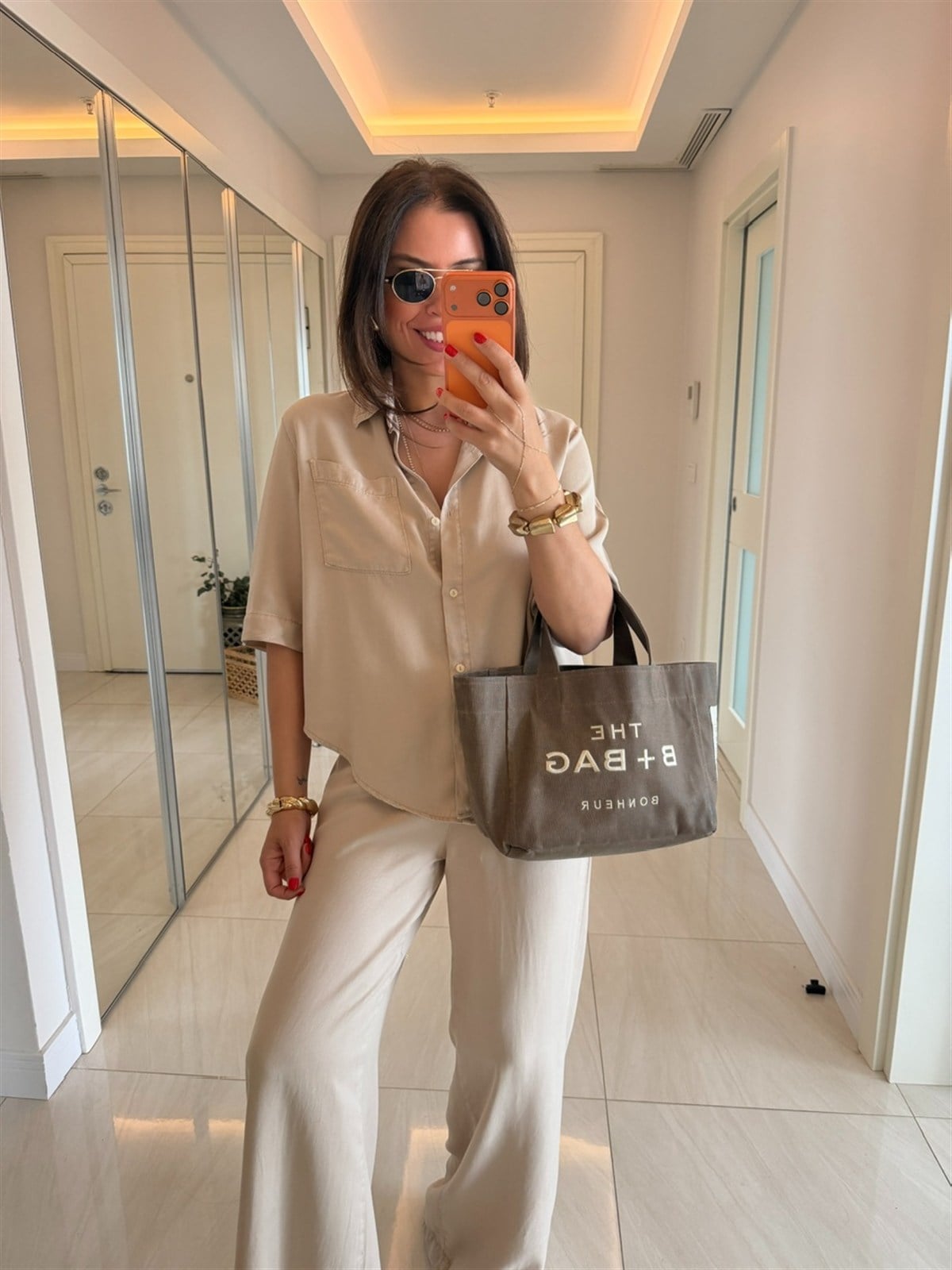Yarım Kol Premium Tensel Denim Takım - Taş