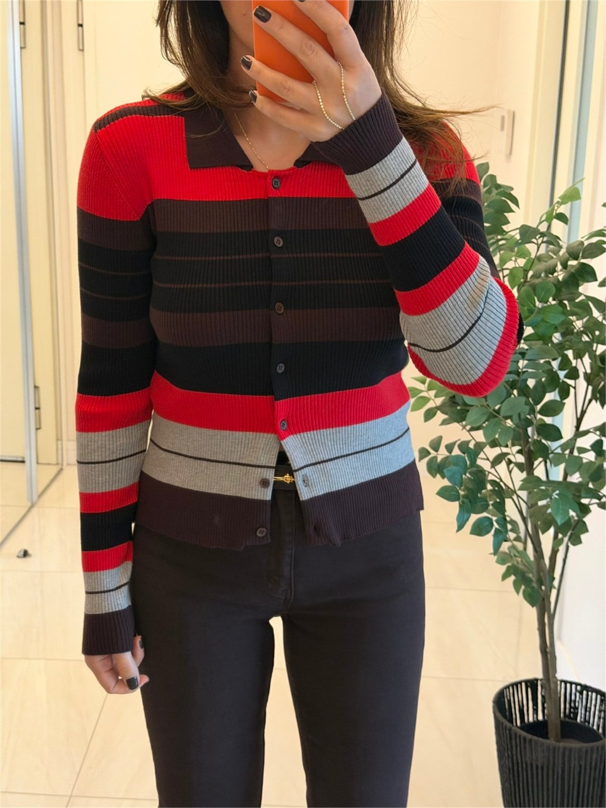 Kırmızı Kahve Gri Çizgili Polo Yaka Triko Hırka