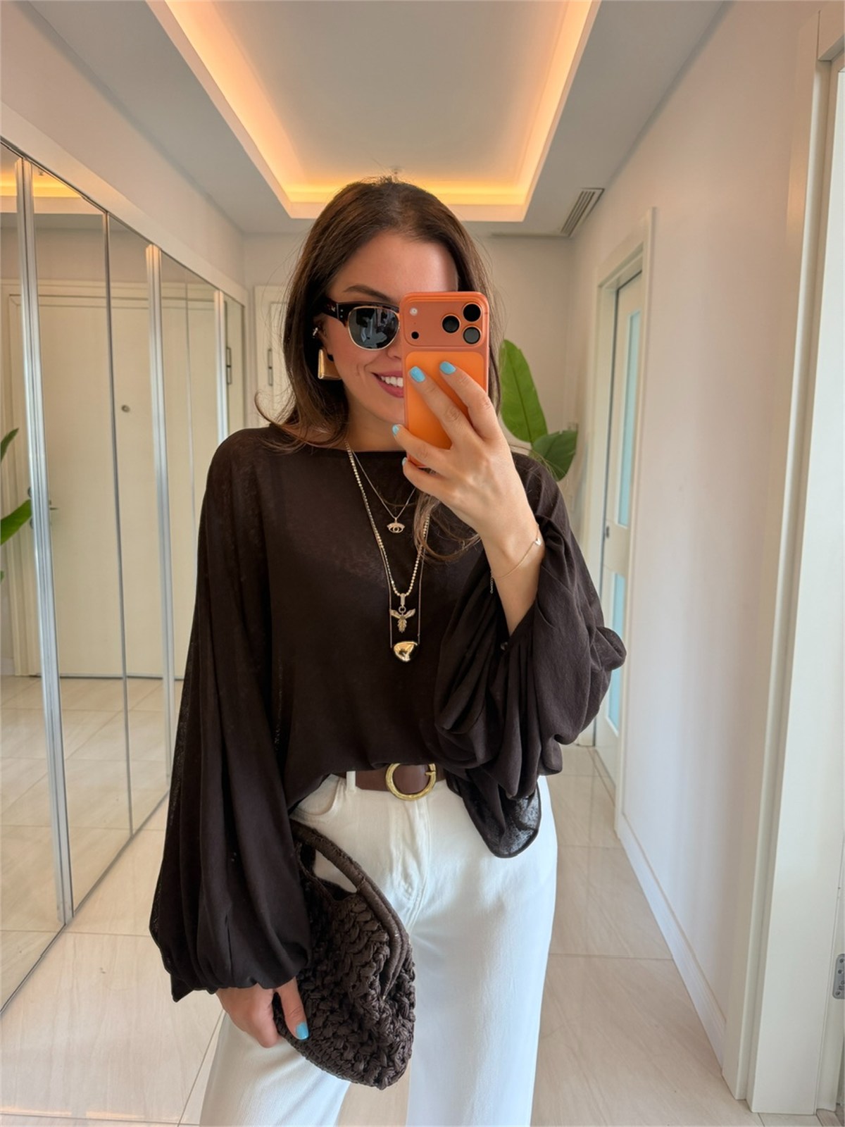 Yarasa Kol Transparan Bluz - Kahve