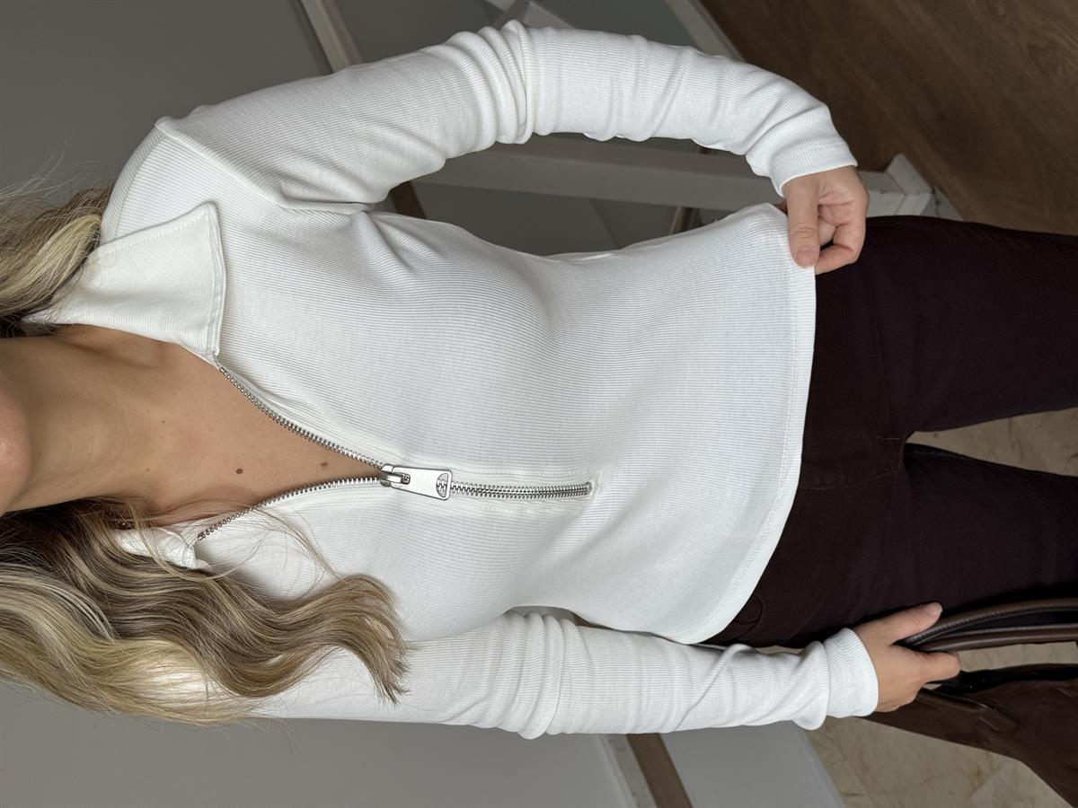 Fermuar Detay Vatkalı Fitilli Bluz - Ekru