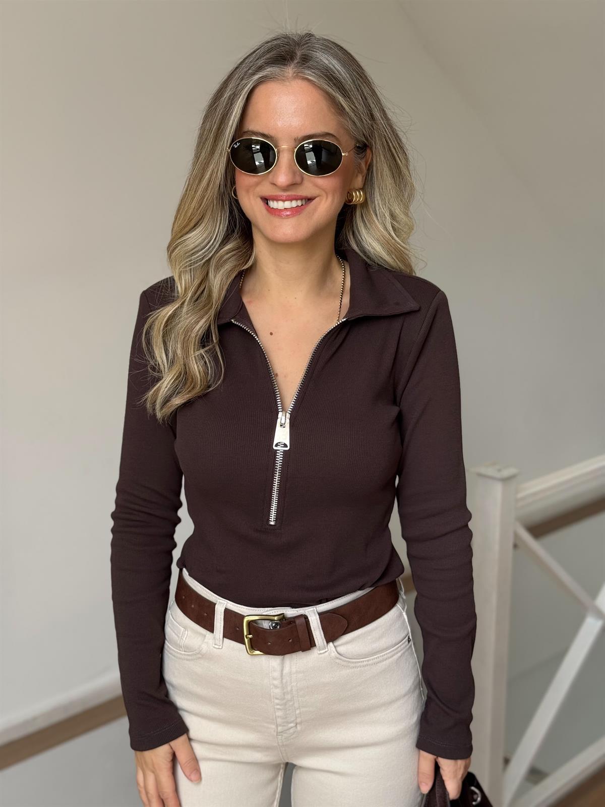 Fermuar Detay Vatkalı Fitilli Bluz - Kahverengi