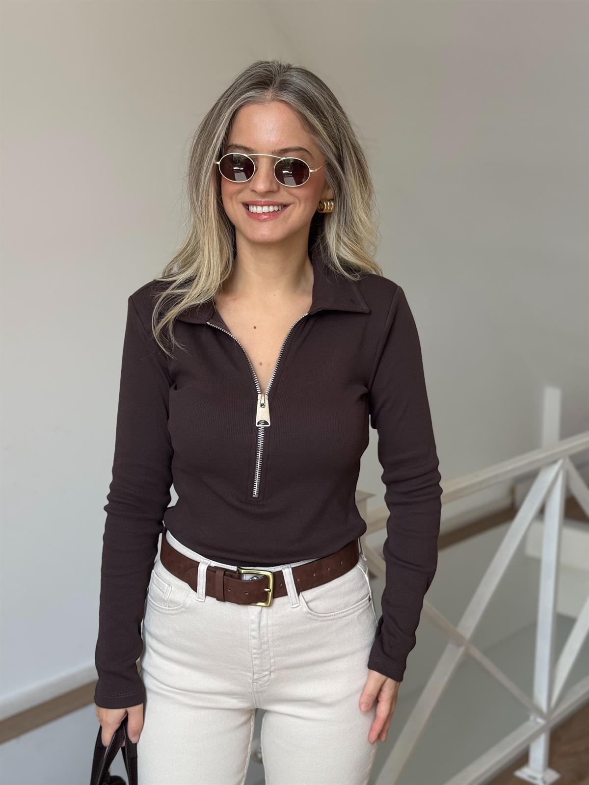 Fermuar Detay Vatkalı Fitilli Bluz - Kahverengi