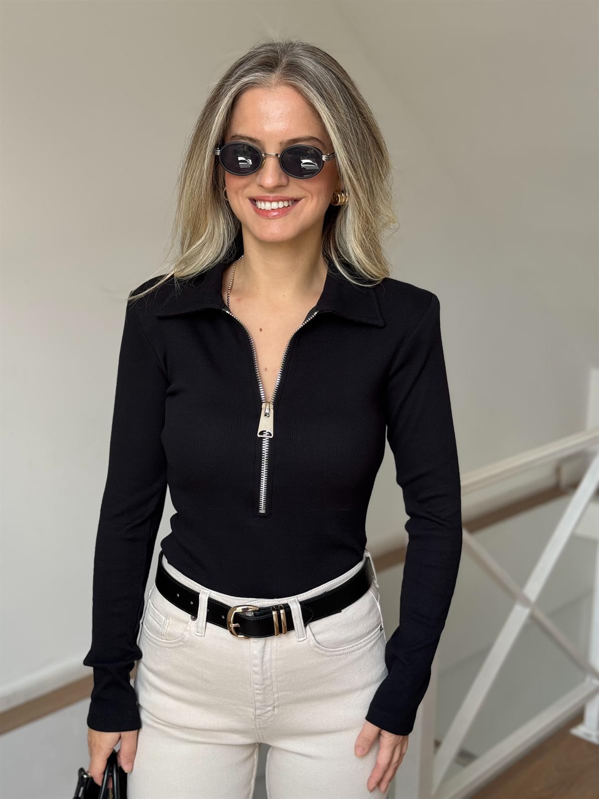 Fermuar Detay Vatkalı Fitilli Bluz - Siyah