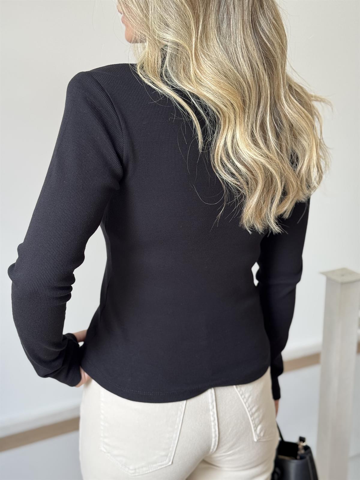 Fermuar Detay Vatkalı Fitilli Bluz - Siyah