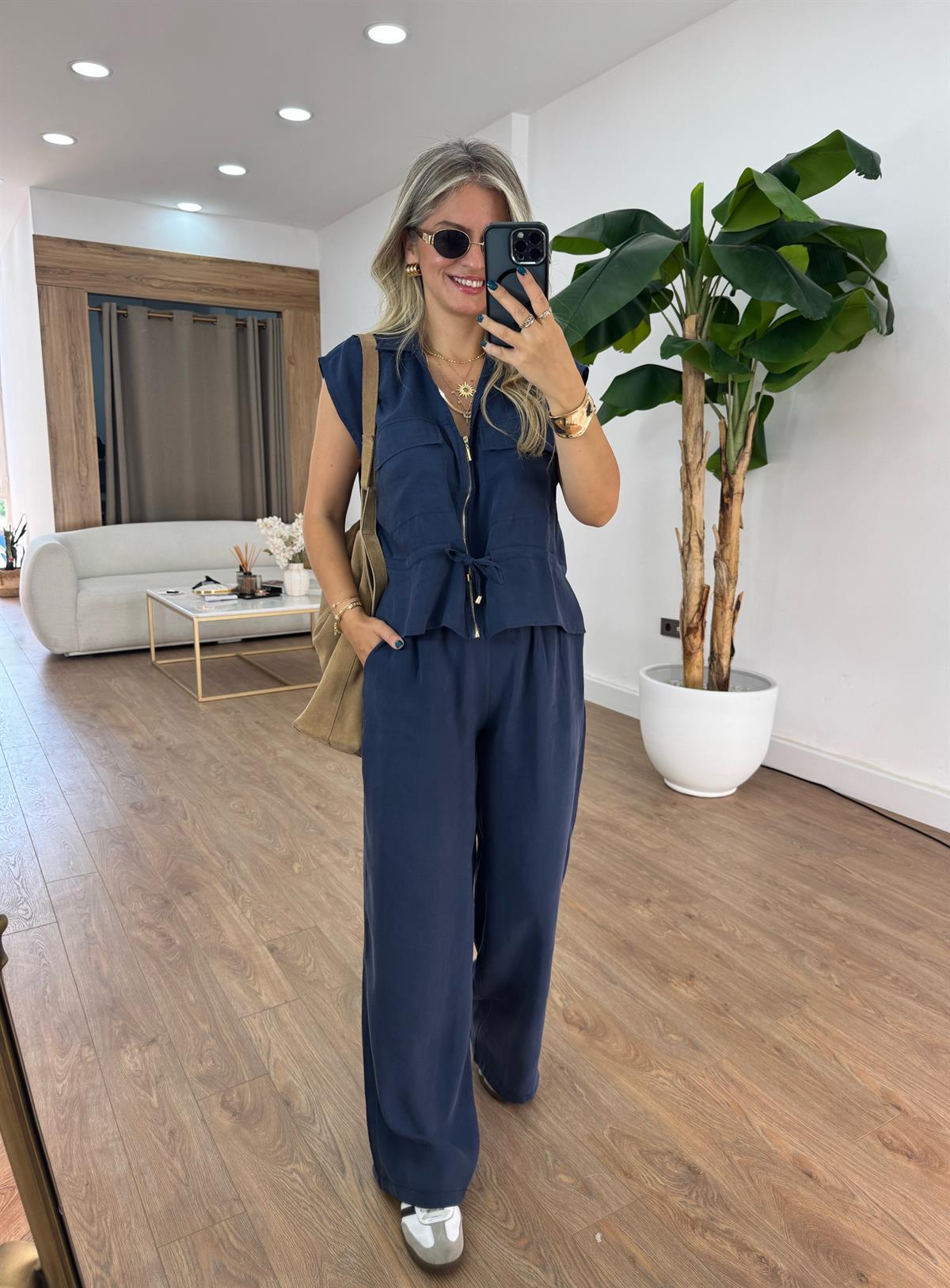 Fermuar Detaylı Bluz Pantolon Takım - Lacivert