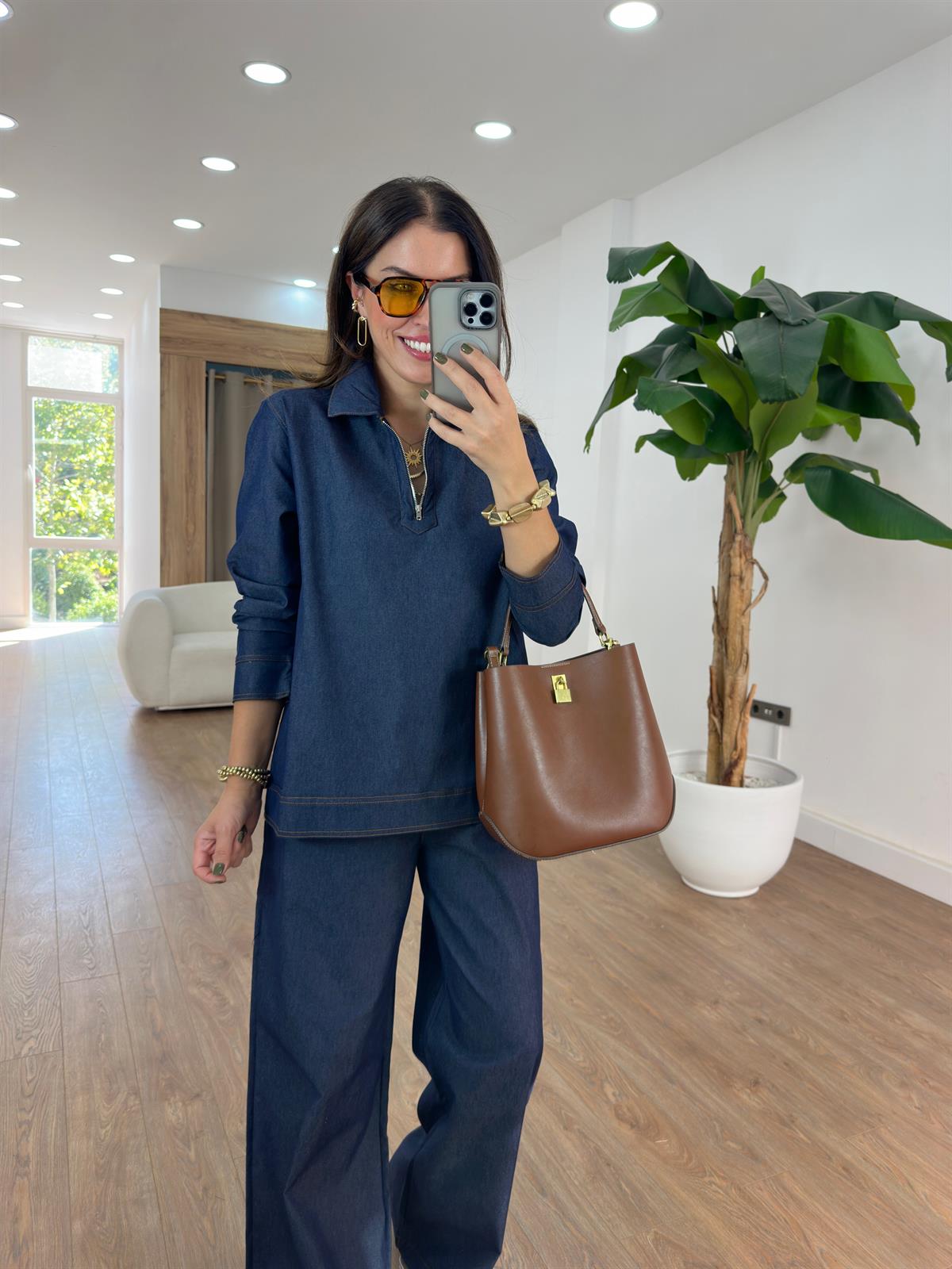 Fermuar Detaylı Denim Takım 